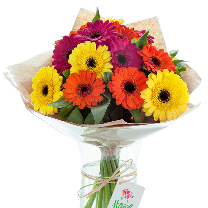 A lavish, hand-tied bouquet of Gerbera daisies captures the vibrant soul of East London from the heart of Limehouse. Arranged with the utmost care, the bouquet boasts a vivid medley of saturated yellows, bold oranges, and rich fuchsia blooms, each one radiating outward from an inky-dark center that draws the eye and echoes the industrial character of the area's historic wharves. Framed by lush green leaves and lovingly wrapped in rustic light brown kraft paper, the bouquet's textures evoke the tactile beauty of the Limehouse Cut's towpath gardens and canal-side greenery. Translucent cellophane forms a glossy, gently flared shield around the flowers, catching flecks of light like sunlight glancing off water at dusk. The clear glass vase, subtly hourglass-shaped and filled with fresh water, showcases vibrant stems, emphasizing the arrangement's timeless freshness and vitality. A piece of natural raffia twine is tied neatly around the bundled stems, securing a crisp white gift tag stamped with a rose illustration-a subtle nod to artistry and thoughtful detail. In every aspect, the bouquet speaks of celebration: the fullness of the blooms, the earthy touch of the wrapping, and the pristine presentation, all carefully created to delight recipients across the local E14 area. Ideal as a showstopping gift for anniversaries, birthdays, or to brighten a home on a quiet street near Limehouse Basin, this arrangement is a testament to local florist tradition, craftsmanship, and the spirited character of the neighbourhood.