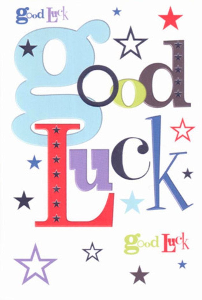 The image captures a luck-themed greeting card laid flat, its design radiating a lively, celebratory spirit that feels akin to friends gathered in a Limehouse café, cheering someone on before a big day. The words "Good Luck" stretch boldly across the centre, each letter shaped and coloured to stand out like individual characters in a happy crowd. One letter is wide and pastel blue, giving a soft, approachable feel; another is slender and midnight black, adding a calm, grounding note; others pop with exuberant red, mossy green, and deep violet, echoing the kind of rich tones you might find in a jewel-toned bouquet on a local florist's worktable. The background is a pristine, uncluttered white, carefully preserved so that every hue and stroke of typography has breathing space, creating a contemporary yet heartfelt look. Sprinkled around the words are small stars in an array of colours and sizes-navy, indigo, sky blue, lilac, and hints of fresh lime-some bolder, some softly faded, as if drifting farther away. Their scattered arrangement suggests movement and excitement, like confetti suspended mid-air or the distant twinkle of lights along Commercial Road at dusk. The printing appears clean and smooth, with no raised foil or embossing, just well-inked shapes that suggest quality card stock with a pleasant, firm feel when held. The design conveys more than a simple message; it feels like a tiny talisman of belief and encouragement, something you'd slip into an envelope to send with a bouquet for a new home, a university send-off, or a brave new venture starting right here in Limehouse.